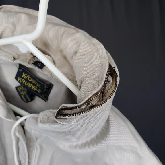 80's Denim Trench Jacket Small Women Krazy Krinkle Beige Snap Button Pocket FLAW